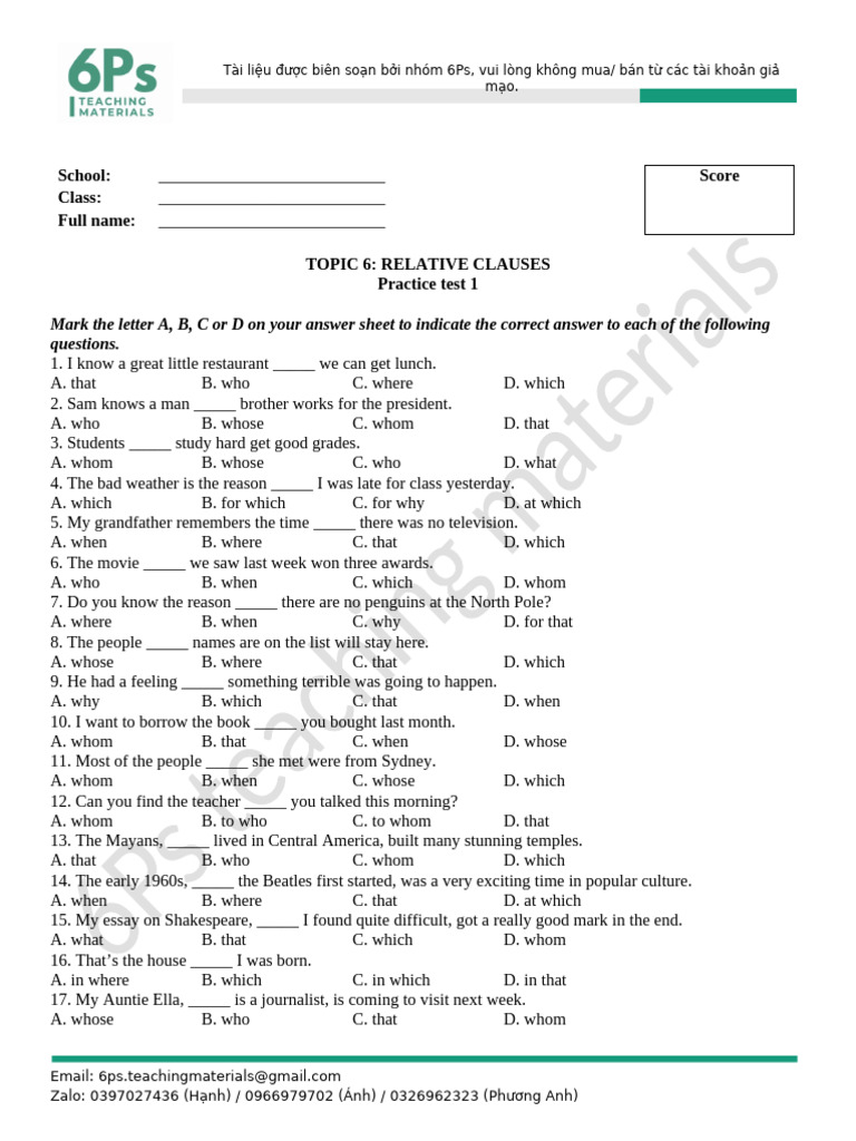 Topic 6 - Practice Test 1 - Relative Clauses | PDF | Marilyn Monroe
