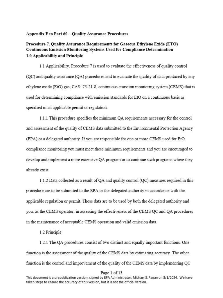 US EPA Title 40 CFR Appendix F to Part 60 - Procedure 1 - Quality ...