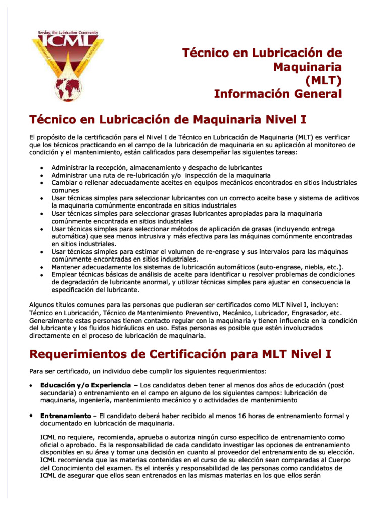Información General MLT I | PDF | Lubricante | Rodamiento (Mecánico)