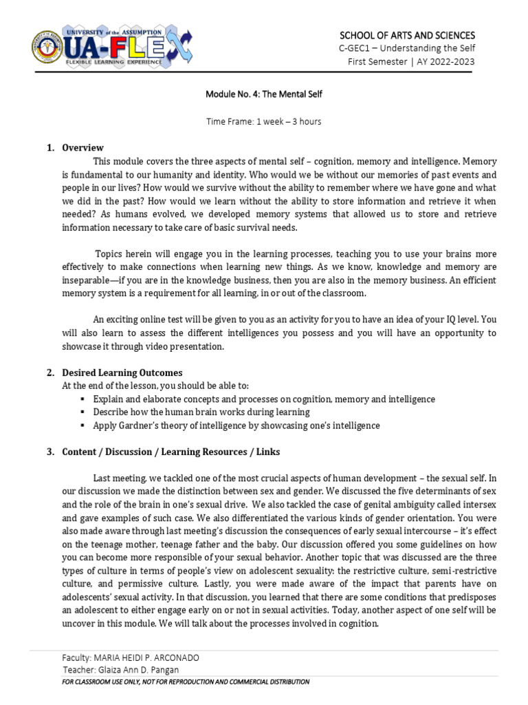4 - Understanding The Self 22-23 1 | PDF | Intelligence | Memory