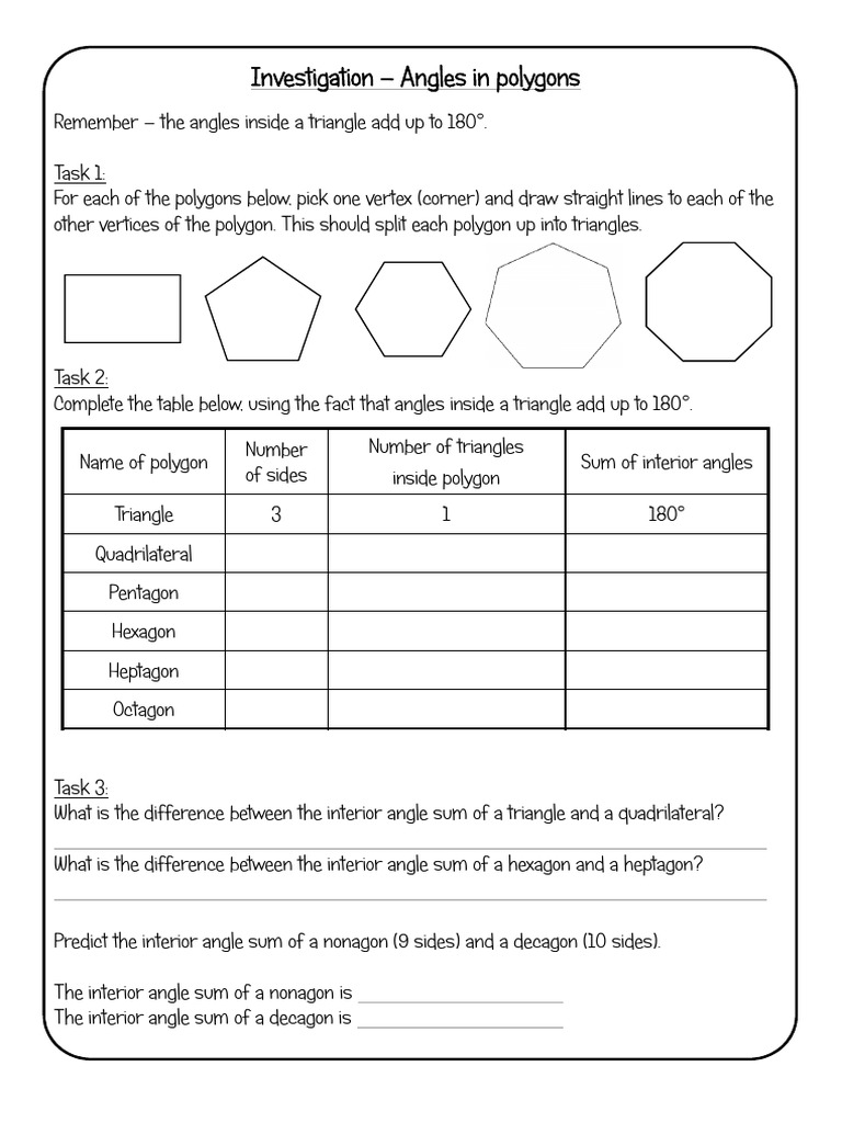 Worksheet Angles in Polygons | PDF