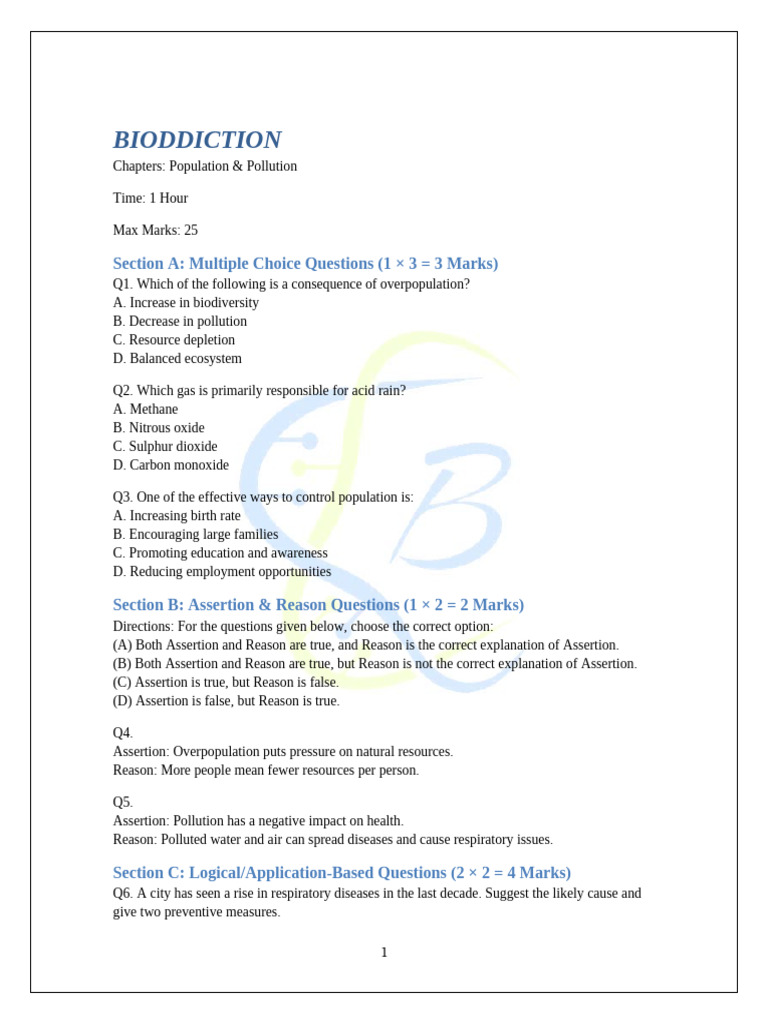 Class 10 Population Pollution Question Paper | PDF | Pollution | Human ...