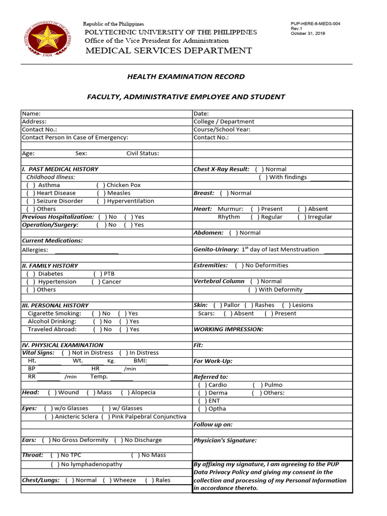 Health Examination Record Form Rev.1 | PDF | Medical Specialties ...
