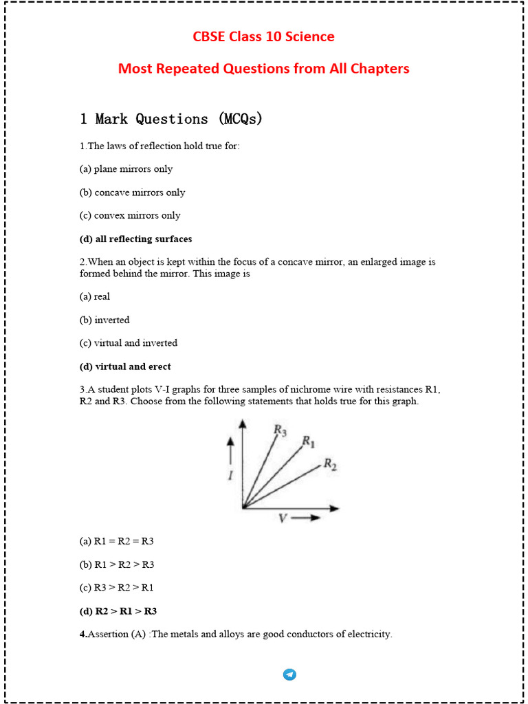 CBSE Class 10 Science Most Repeated Questions by @tenth - CBSE | PDF ...
