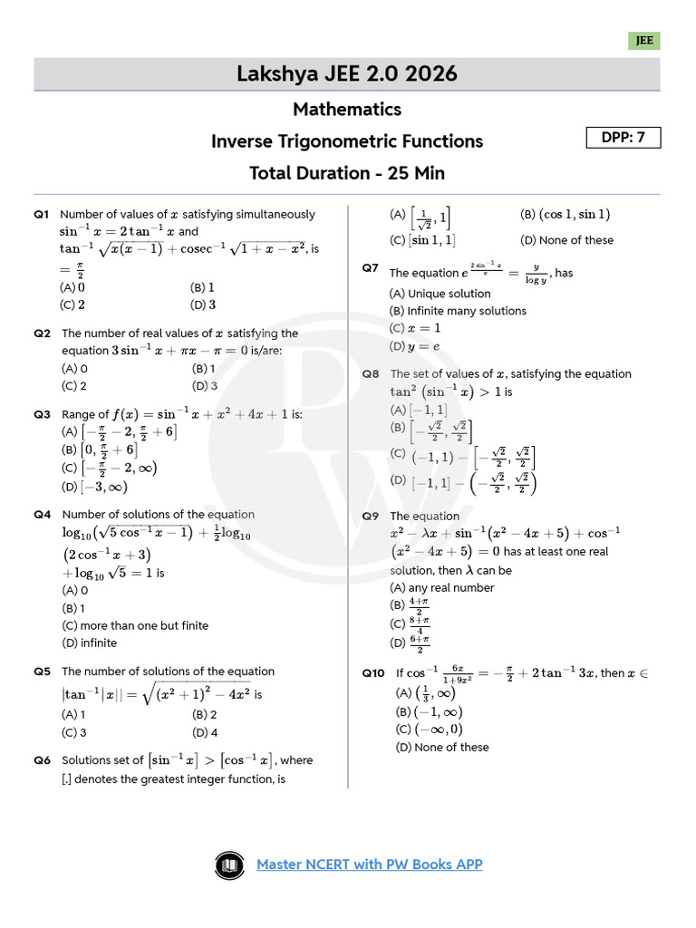 Inverse Trigonometric Functions DPP 07 (Of Lec 08) | PDF ...