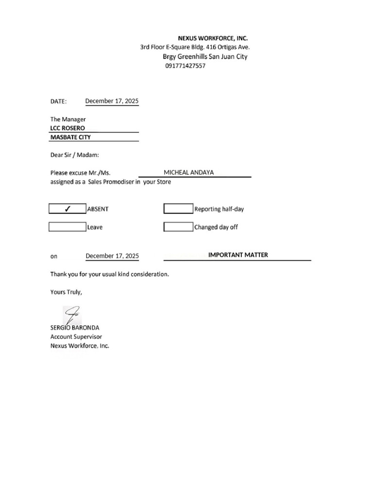LCC Rosero Absent Letter | PDF