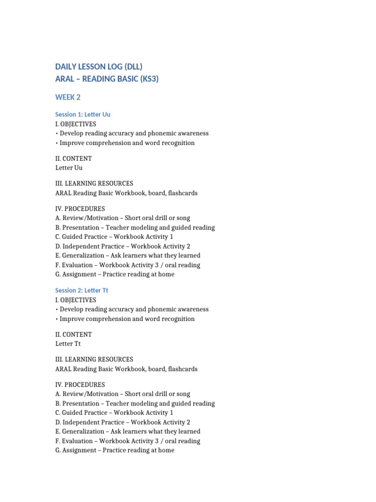 ARAL Reading Basic DLL Weeks 2 To 8 | PDF | Learning | Human Communication