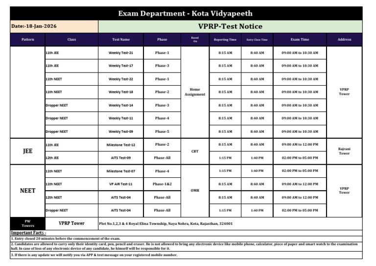 Test Notice VPRP 18-January-2026 | PDF | Student Assessment And ...