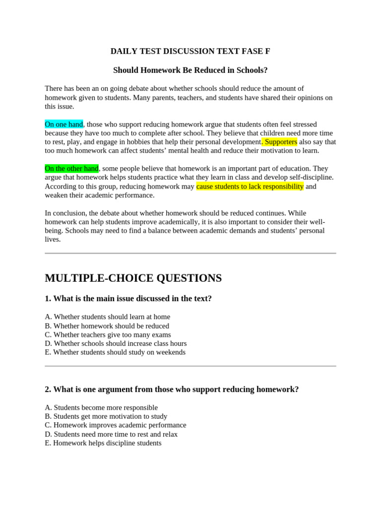 Daily Test Discussion Text Fase F | PDF | Homework | Motivation