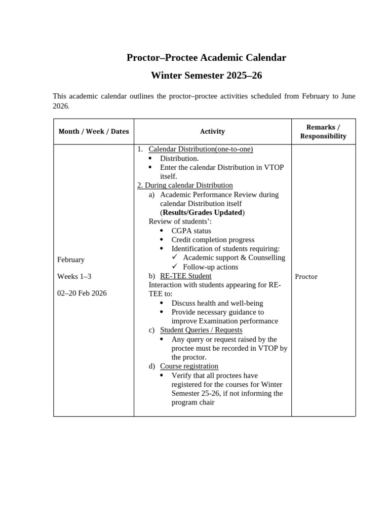 Proctor Proctee Academic Calendar Winter 2025 26 | PDF | Chess Theory