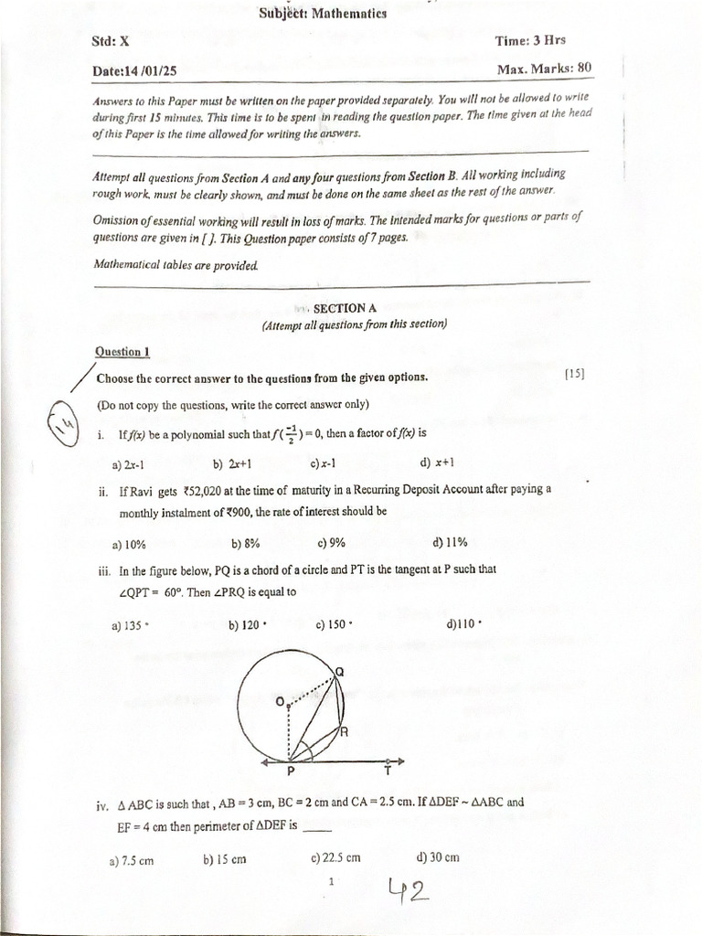 Maths Test Paper (Grade 10) | PDF