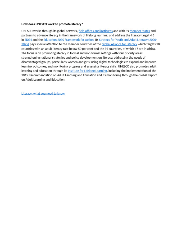 How Does UNESCO Work To Promote Literacy | PDF