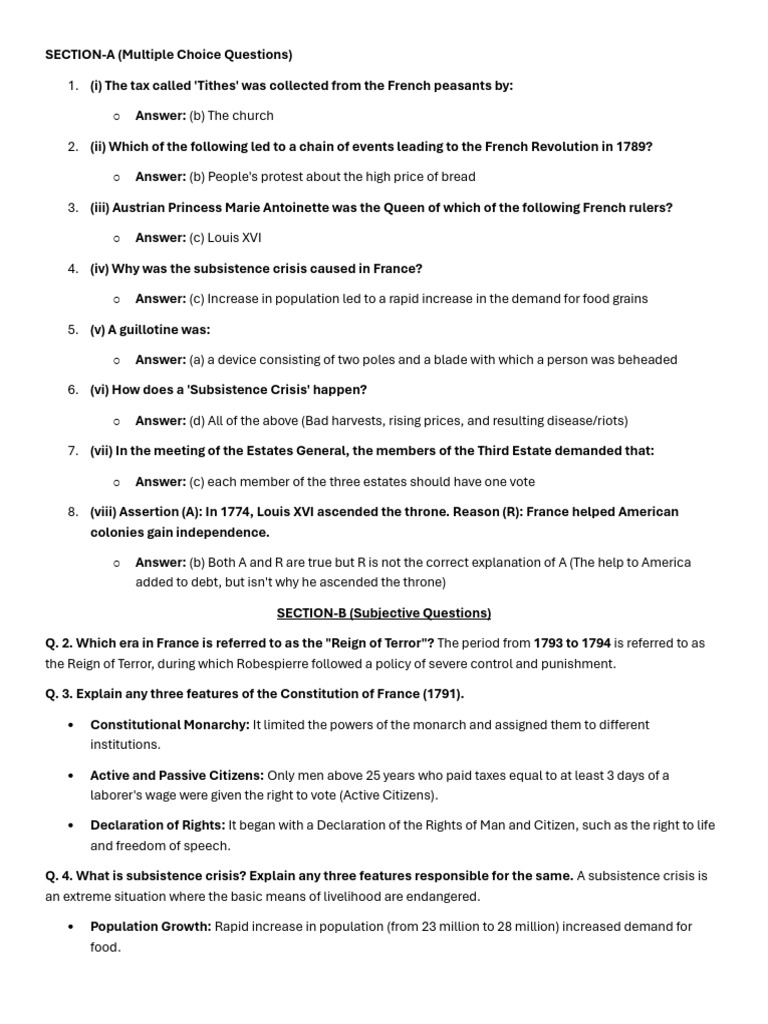Slip Test Class 9 History Chapter 1 Answer Key | PDF | French ...