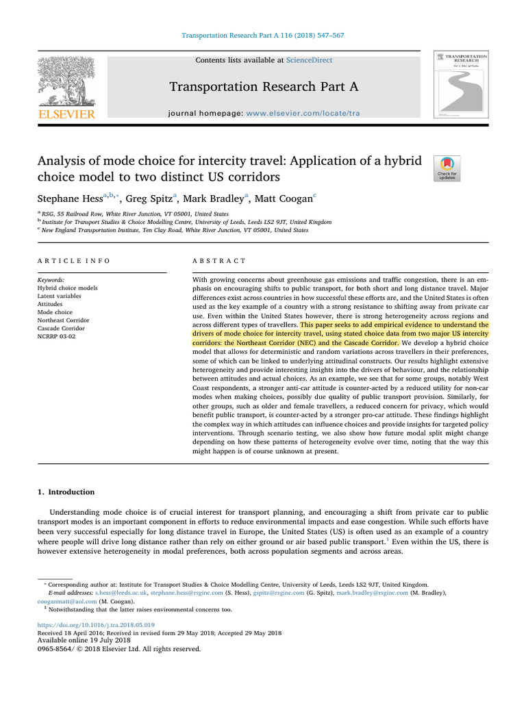 Analysis of Mode Choice for Intercity Travel Application of a Hybrid ...