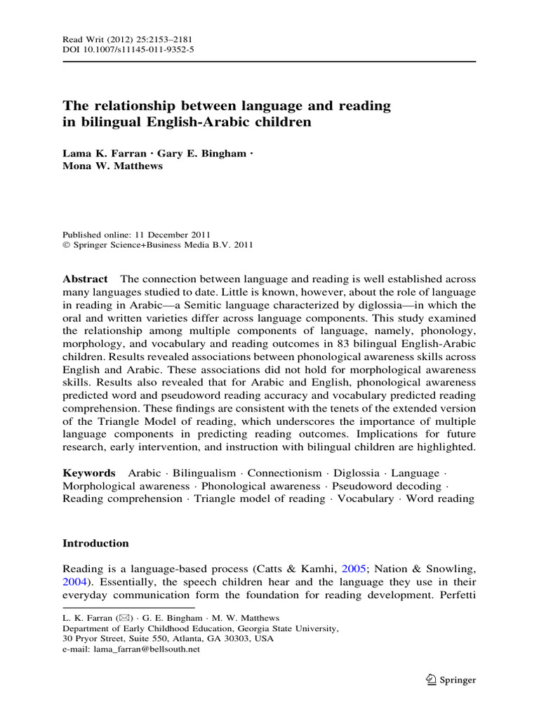 Lama K. Farran - The Relationship Between Language and Reading | PDF ...