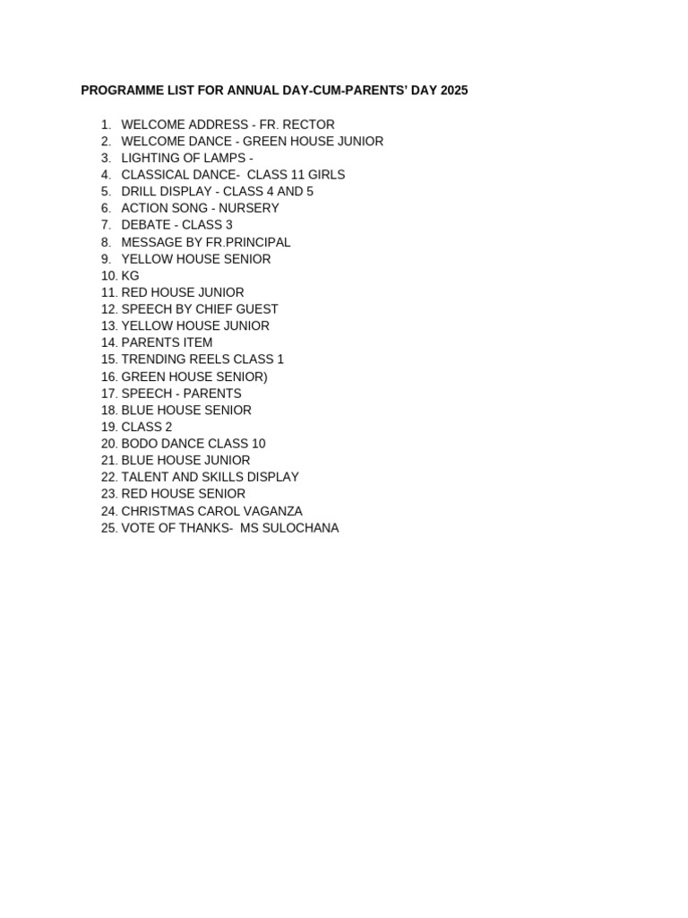 Programme List For Annual Day-Cum-Parents' Day 2025 | PDF