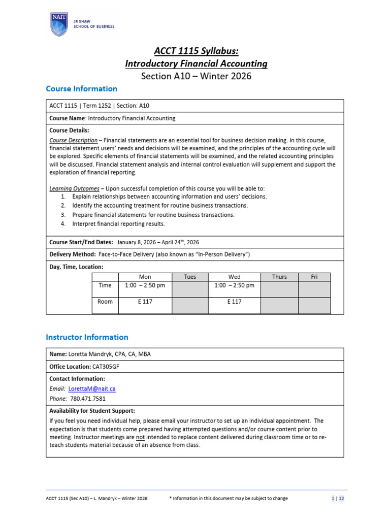 ACCT 1115 - Syllabus (A10) - W2026 | PDF
