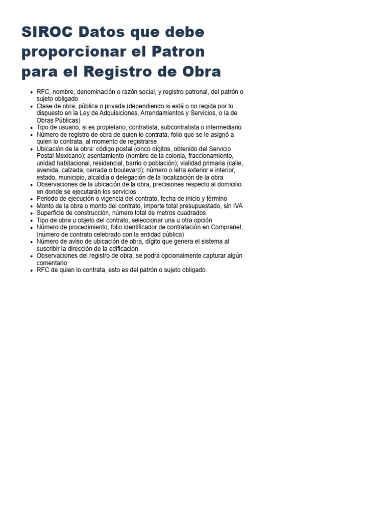 SIROC Datos Que Debe Proporcionar El Patron para El Registro de Obra ...
