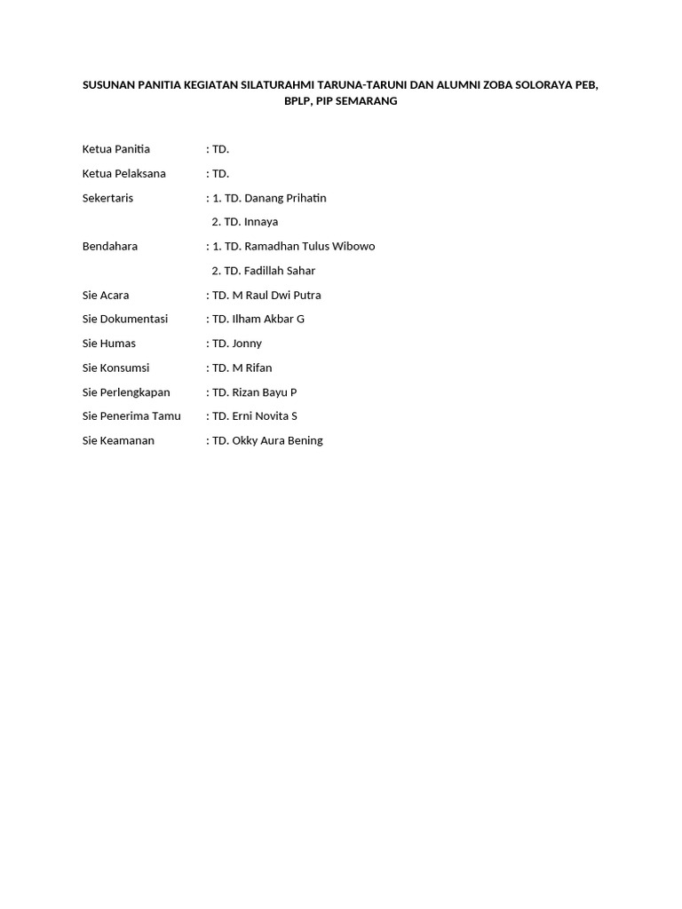 Susunan Panitia Kegiatan Perta Kasta | PDF