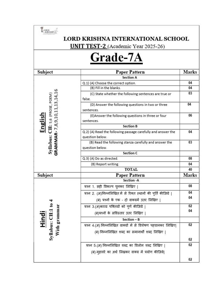 7a Unit Test-2 Paper Pattern | PDF | Linguistics