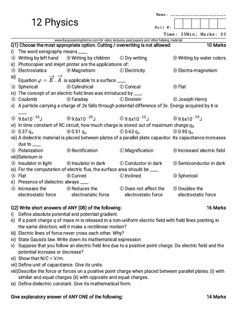 12 Physics - Test Maker @ | PDF | Capacitance | Capacitor