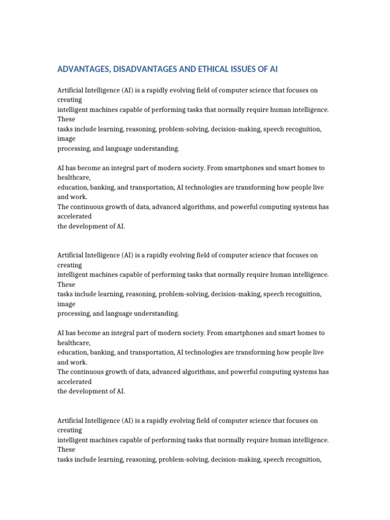 AI Content 3 Advantages, Disadvantages and Ethical Issues of AI | PDF ...