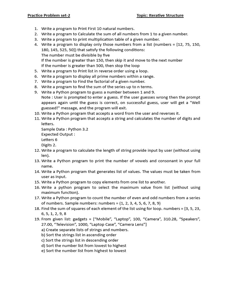 Practice Problem Set 2 (Loops) (1) (1)-3-2 | PDF | Control Flow | Numbers
