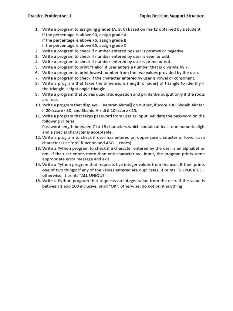 Practice Problem Set 1 (If Else) - 3-1 | PDF