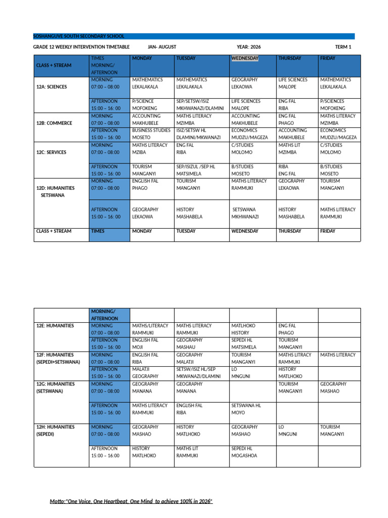 Grade 12 Weekly Intervention Timetable | PDF