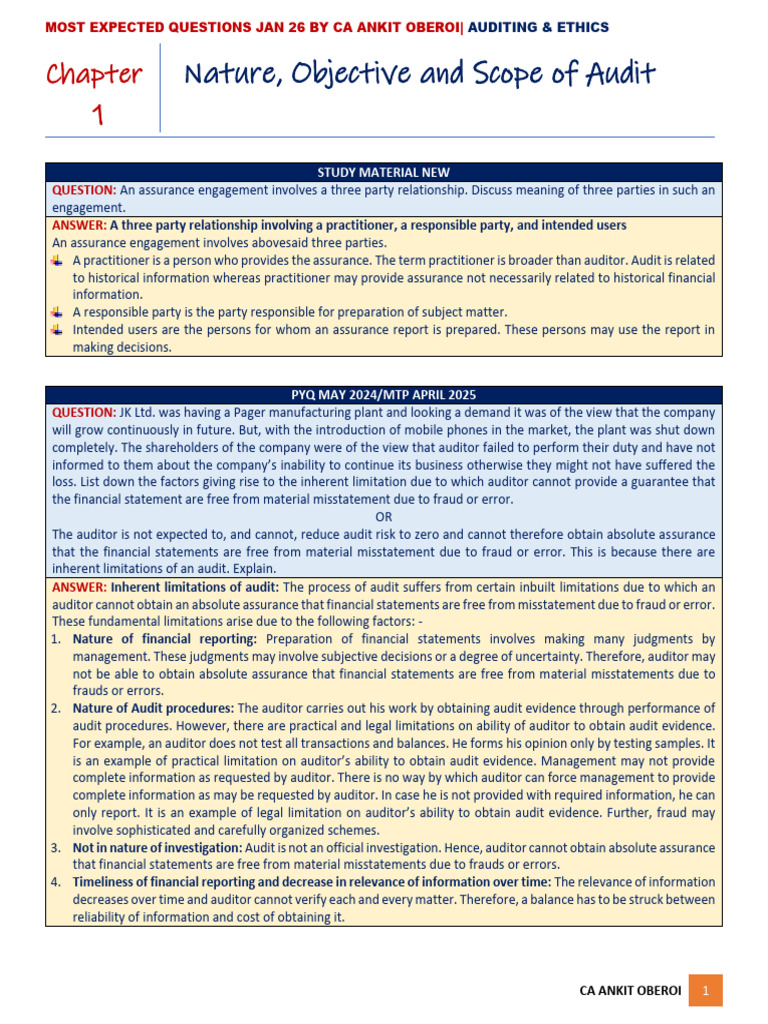 CA Inter Audit Most Expected Question Jan 2026 | PDF | Audit | Internal ...