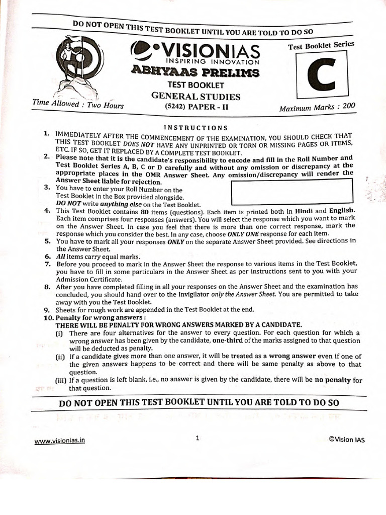VISION IAS Prelims 2025 Abhyaas Test 1 CSAT Question | PDF