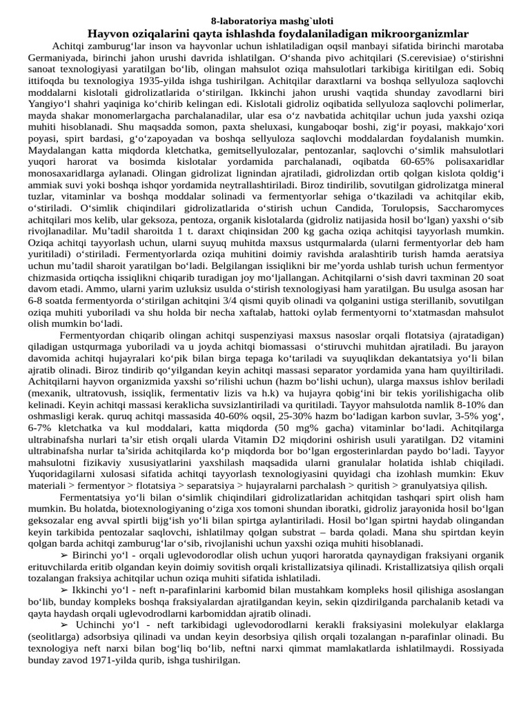 Hayvon Oziqalarini Qayta Ishlashda Foydalaniladigan Mikroorganizmlar | PDF