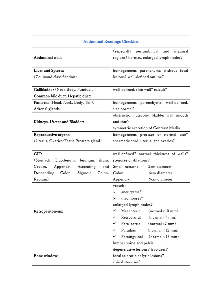 CT Readings Checklist | PDF | Abdomen | Large Intestine