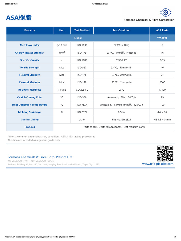 Tairilac ASA Resin WX1805 ISO Data Sheet | PDF | Materials | Industrial ...
