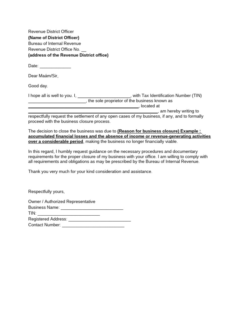 Letter For BIR Business Closure | PDF