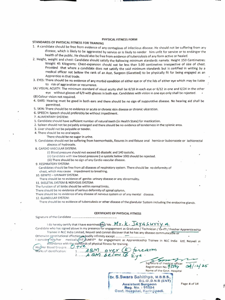 Medical Certificate For NLC | PDF