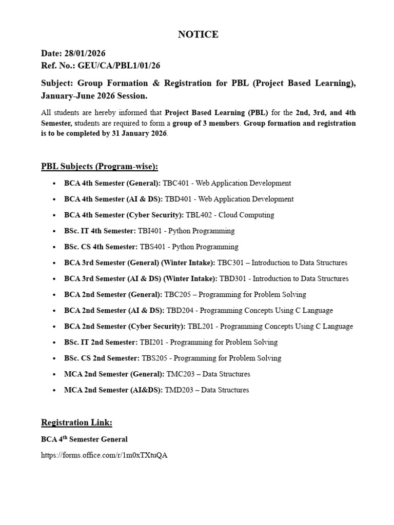 PBL NOTICE For Upcoming Semester | PDF | Computer Science | Computing