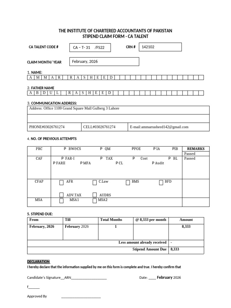 Stipend Clain Form Feburary 2026 | PDF | Accounting
