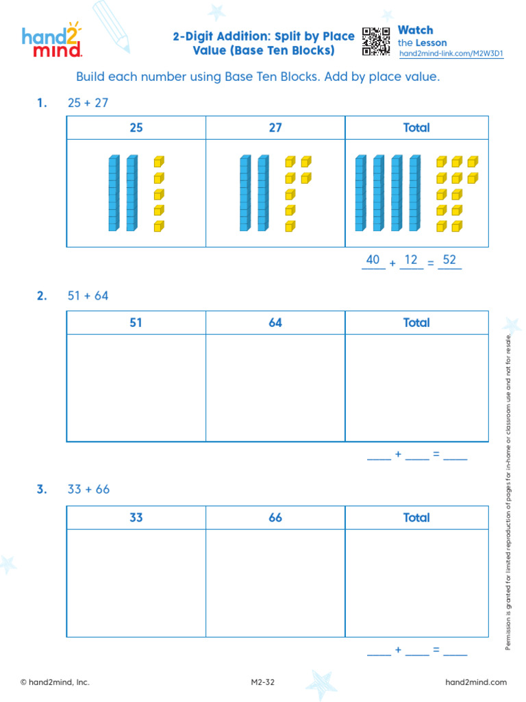 Grade 2 Math 2 Digit Addition Split by Place Value (Base Ten Blocks) | PDF