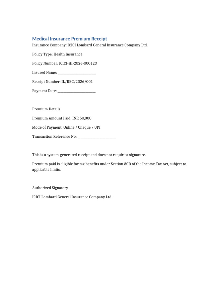 ICICI Lombard Medical Insurance Premium Receipt 50000 | PDF