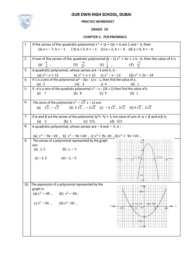 Chapter Wise Work Sheet - Polynomials | PDF | Zero Of A Function ...