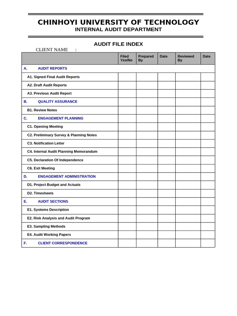 Audit Project File Index Template | PDF
