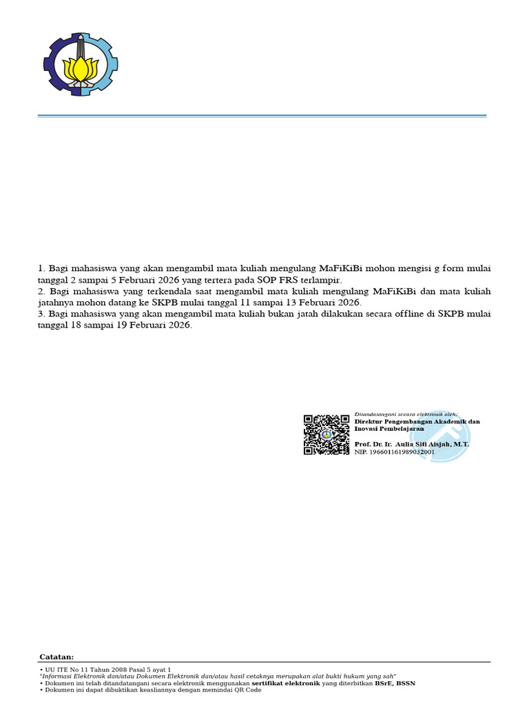 Surat Pengantar Ralat Pemberitahuan FRS Semester Genap 2025-2026 | PDF