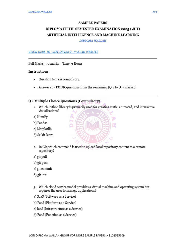 Ai ML Sample Paper 1 by Diplomawallahdw DW | PDF | Machine Learning ...