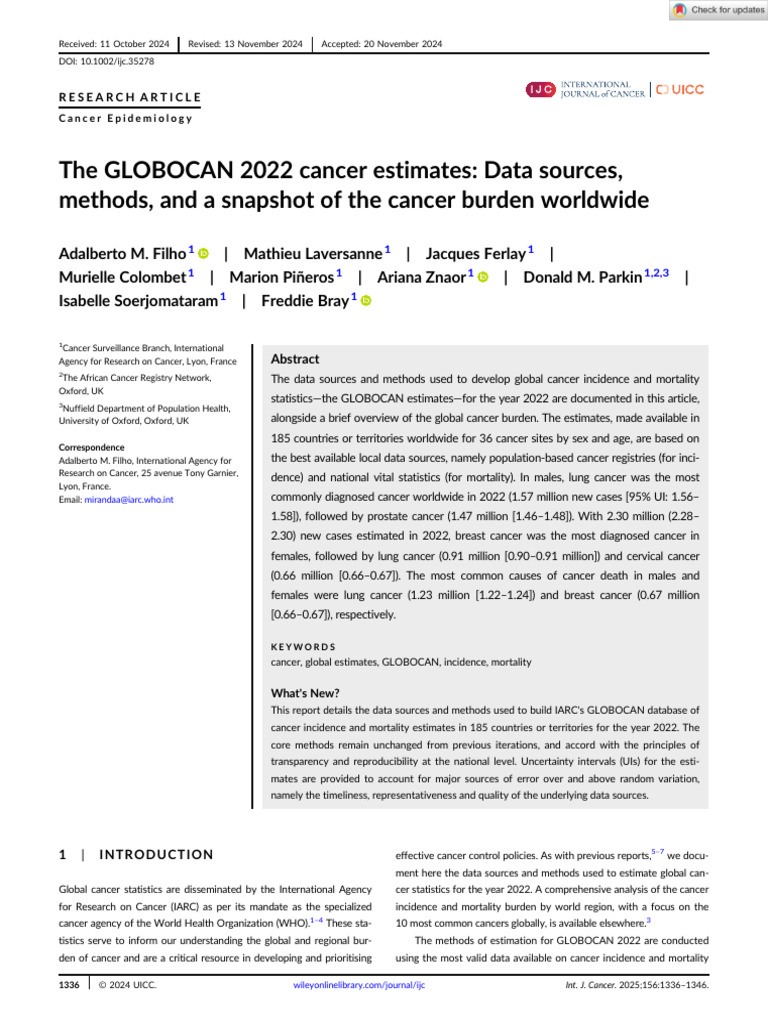 Intl Journal of Cancer - 2024 - Filho - The GLOBOCAN 2022 Cancer ...