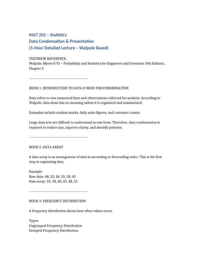 MAT 202 Data Condensation and Presentation 5 Hour Lecture | PDF