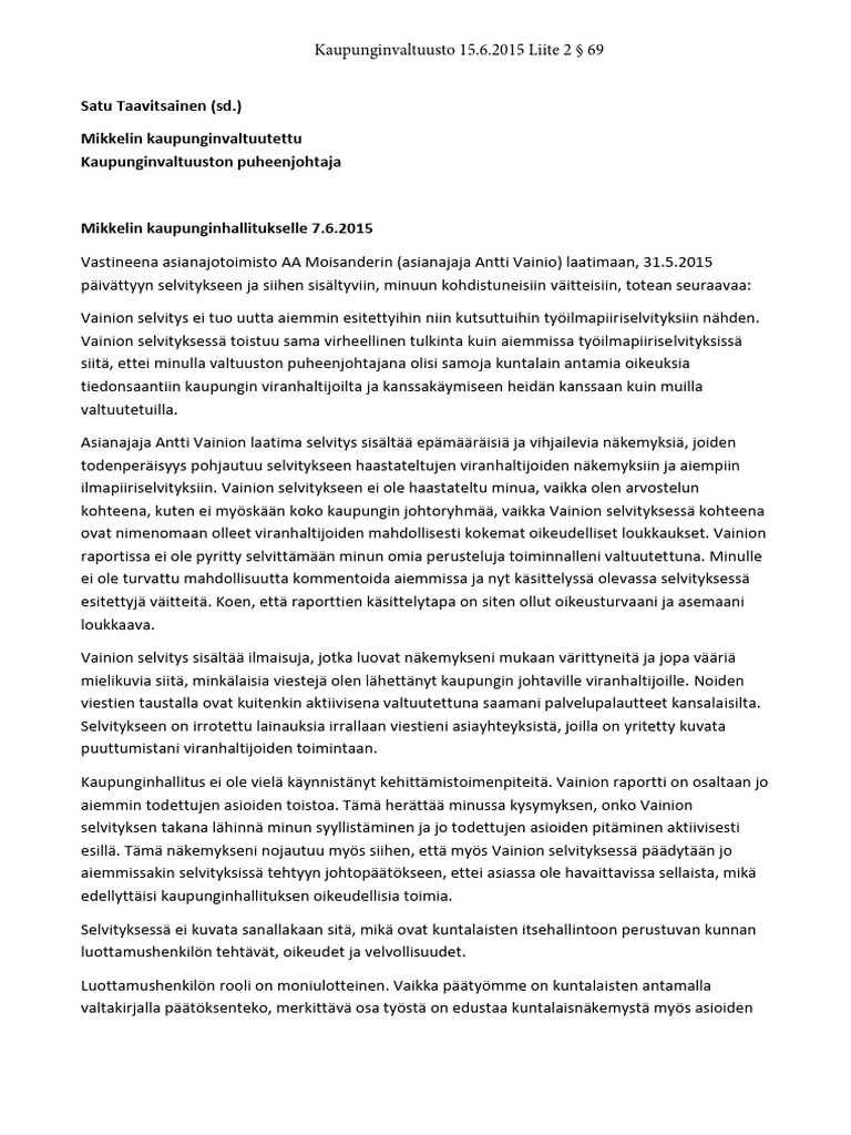 Liite KV Vastine Antti Vainion Selvitykseen | PDF