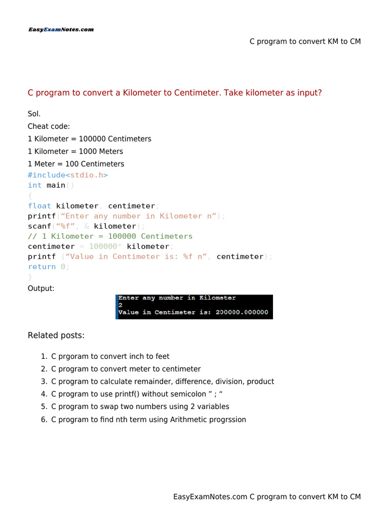 C program to convert KM to CM | PDF | Computer Program | Programming