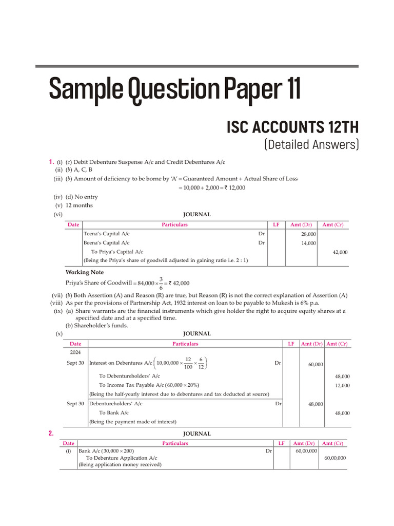 ISC Accounts Class 12 Sample Paper 11 Answers | PDF | Equity (Finance ...
