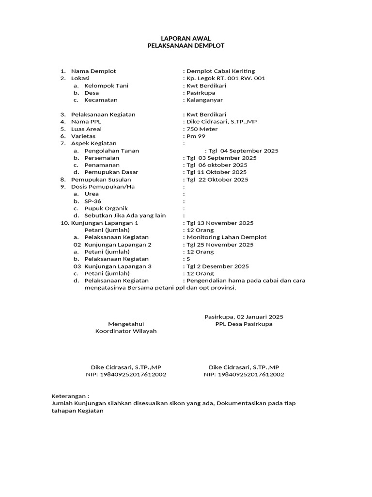 Form Laporan Demplot | PDF